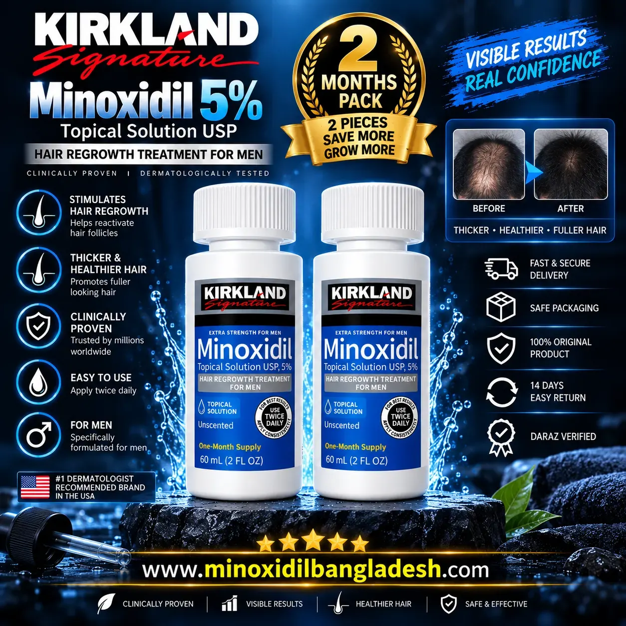 Kirkland Minoxidil Topical Solution 5% Beard & Hair Regrowth Treatment for Men 2 Months Supply 120ml