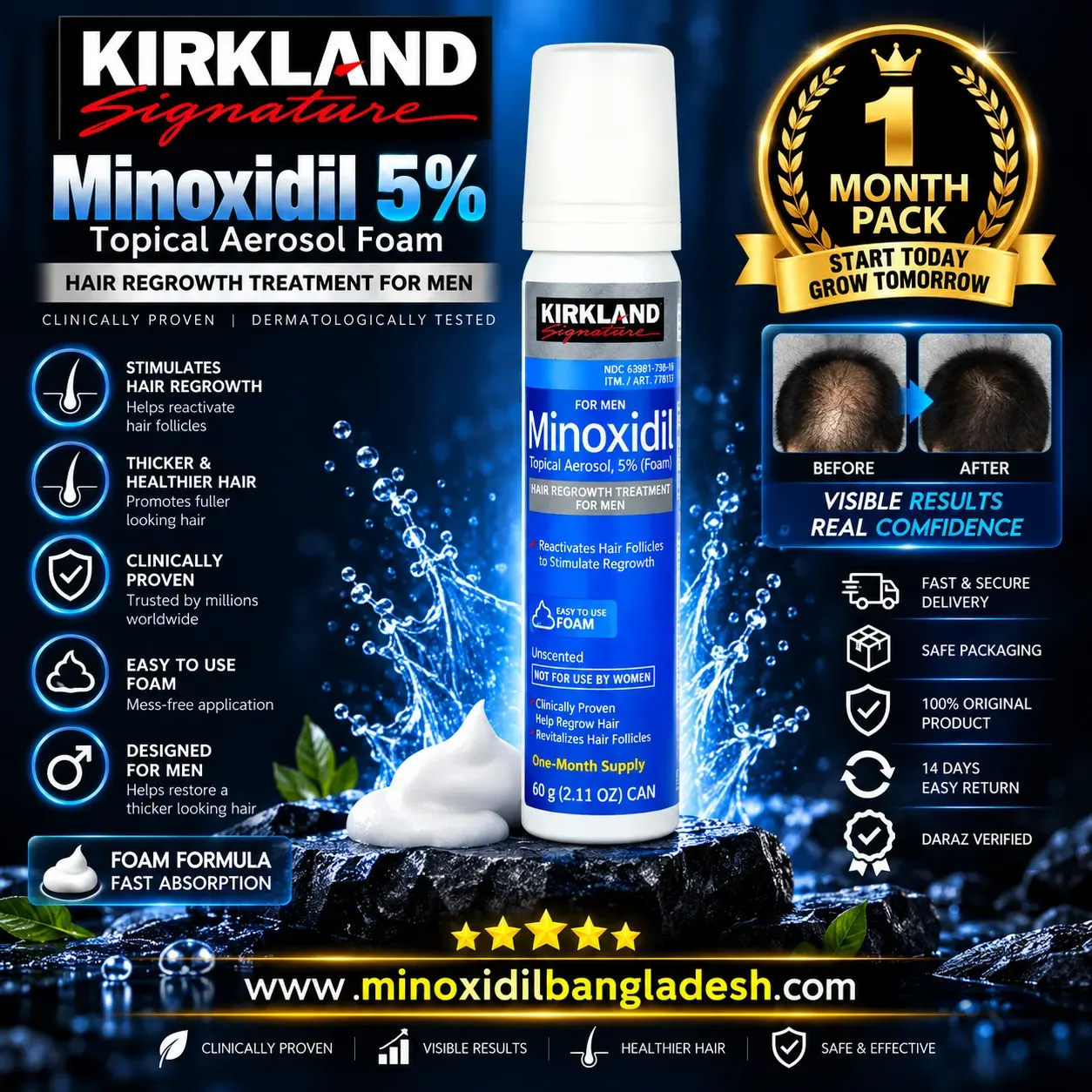 Kirkland Minoxidil Foam Mens hair and beard regrowth 5% -1 Month supply